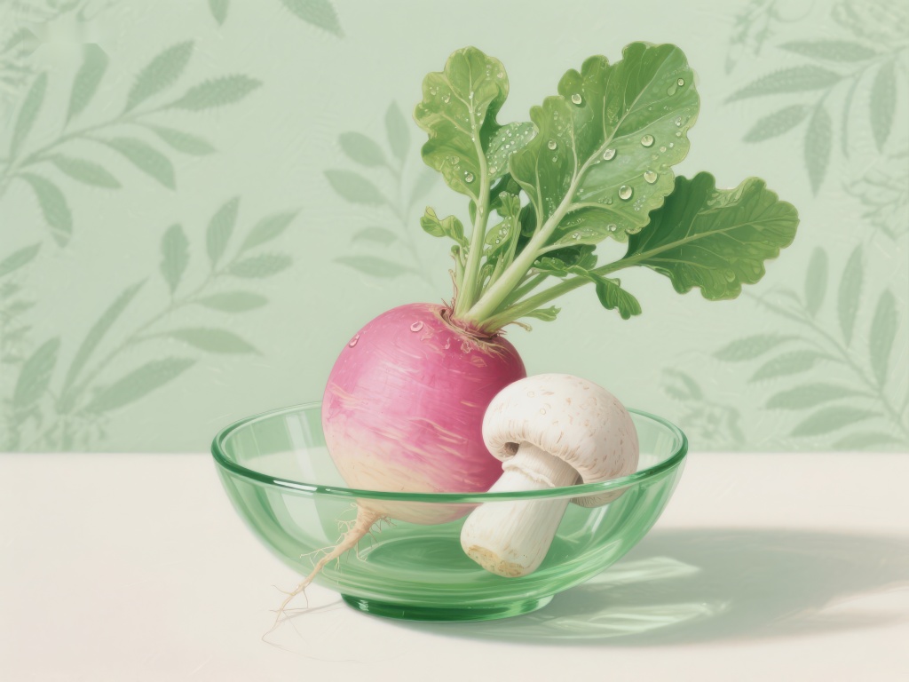 碗中萝卜与蘑菇的静物组合