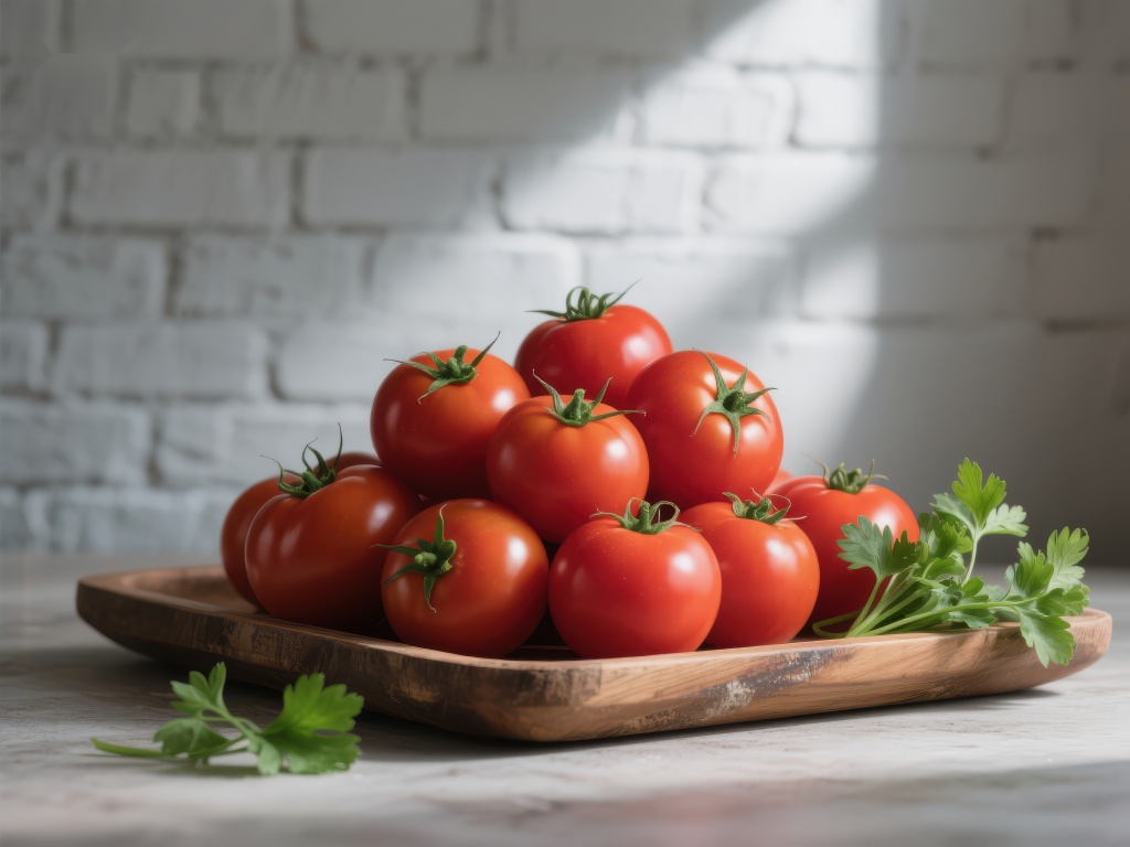 新鲜番茄置于木盘背景为白砖墙