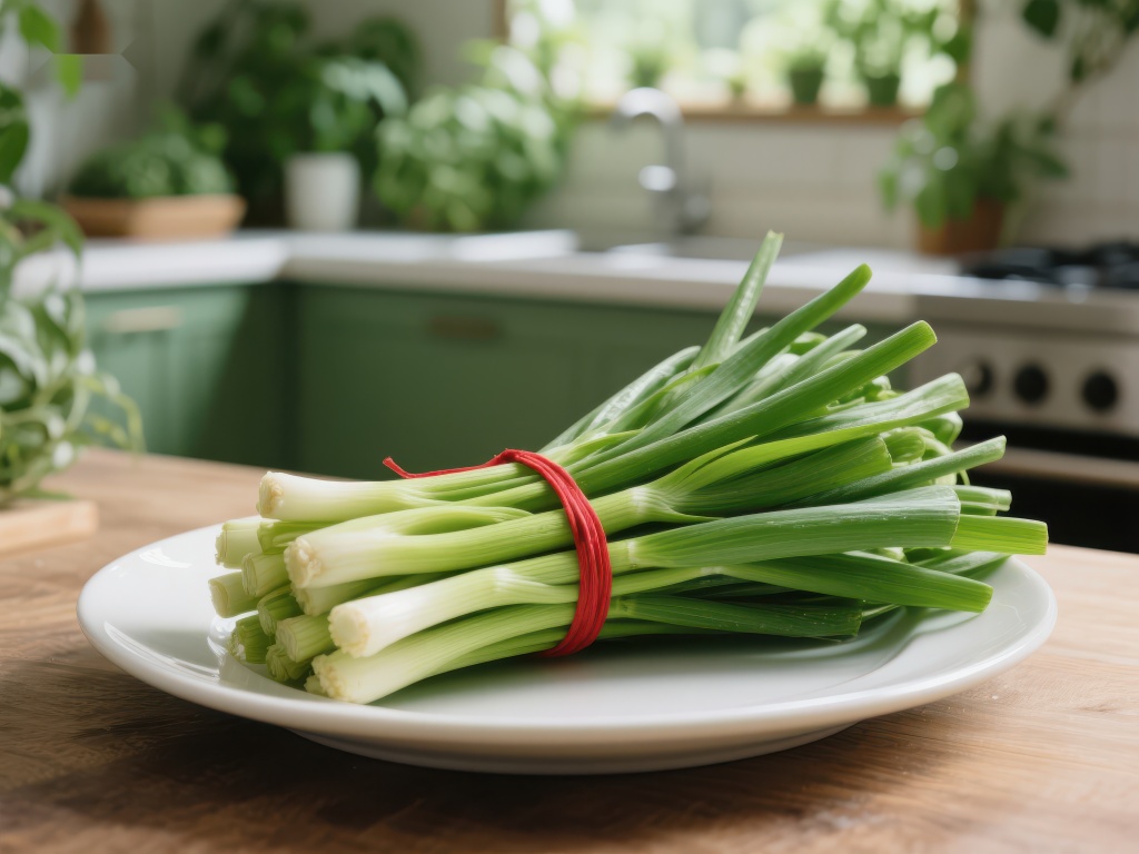 新鲜葱束置于厨房木桌