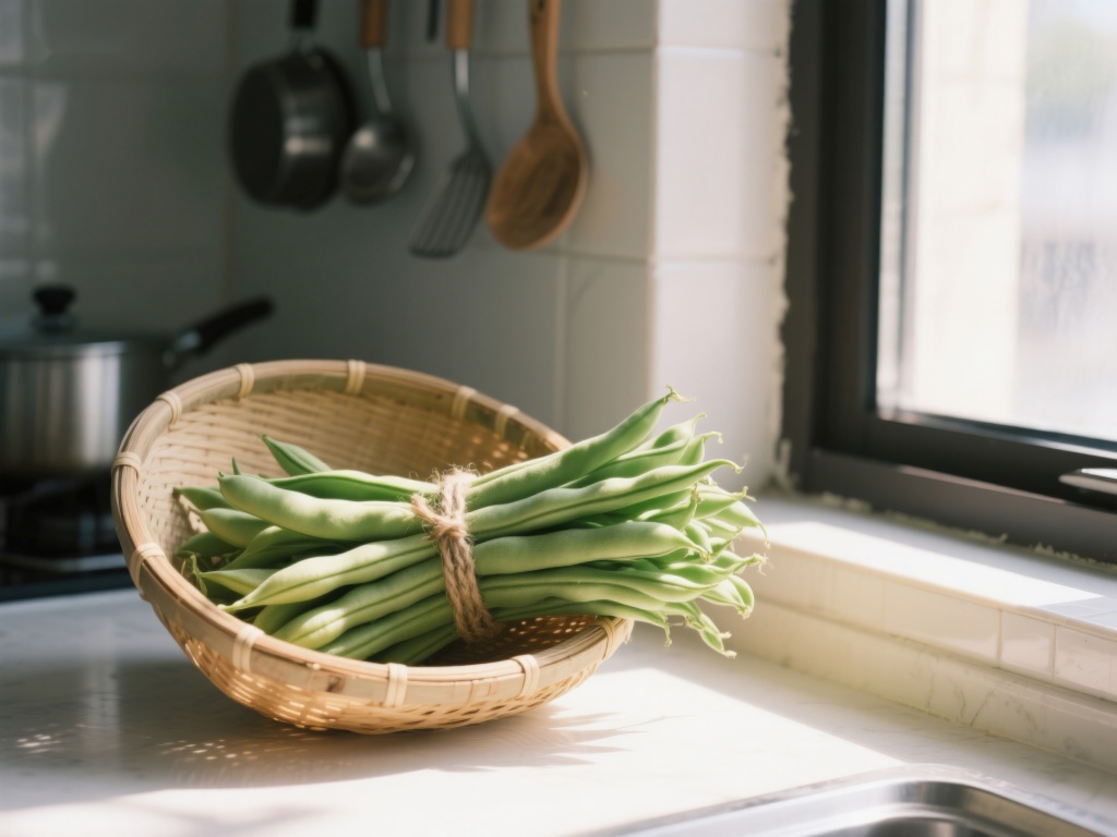 窗边竹篮里的新鲜四季豆