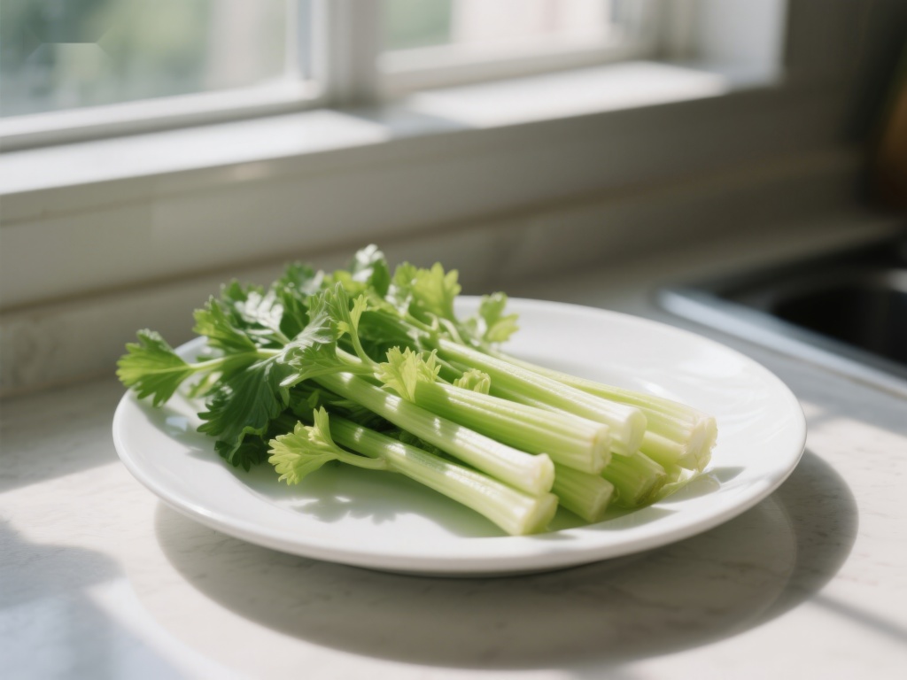 新鲜芹菜置于窗边白盘中