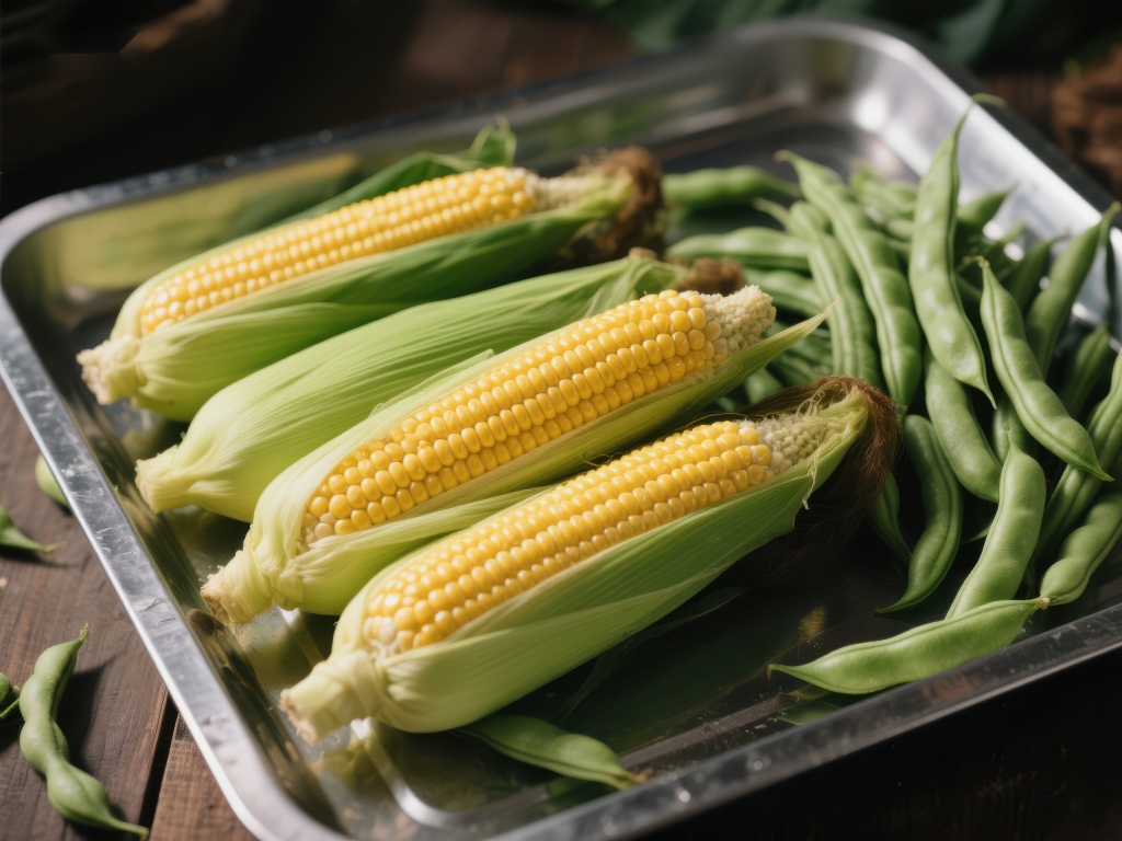 新鲜玉米与四季豆的金属盘展示