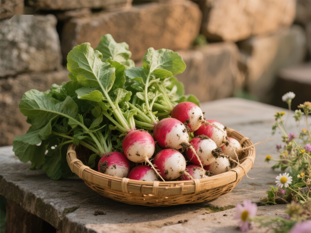 新鲜萝卜置于竹篮中
