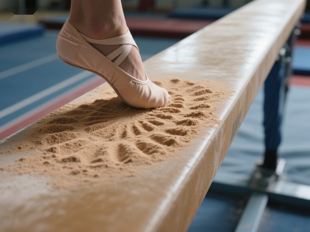 体操运动员脚踏平衡木