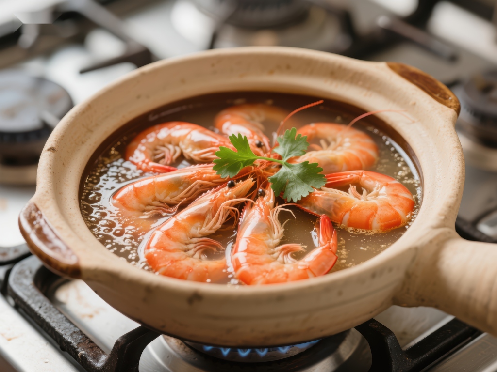 砂锅煮虾香气四溢