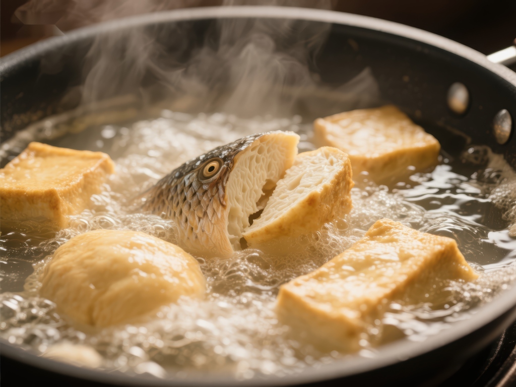 豆腐与鱼头在锅中炖煮