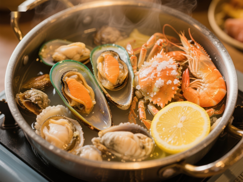 海鲜锅热煮柠檬点缀鲜美