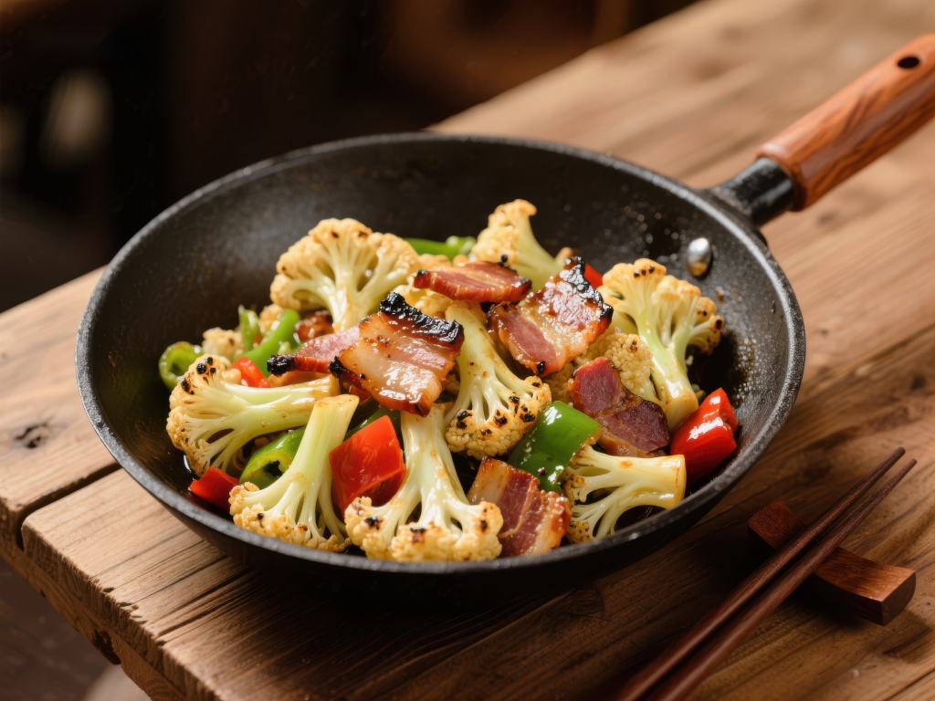 炒花椰菜配培根与彩椒