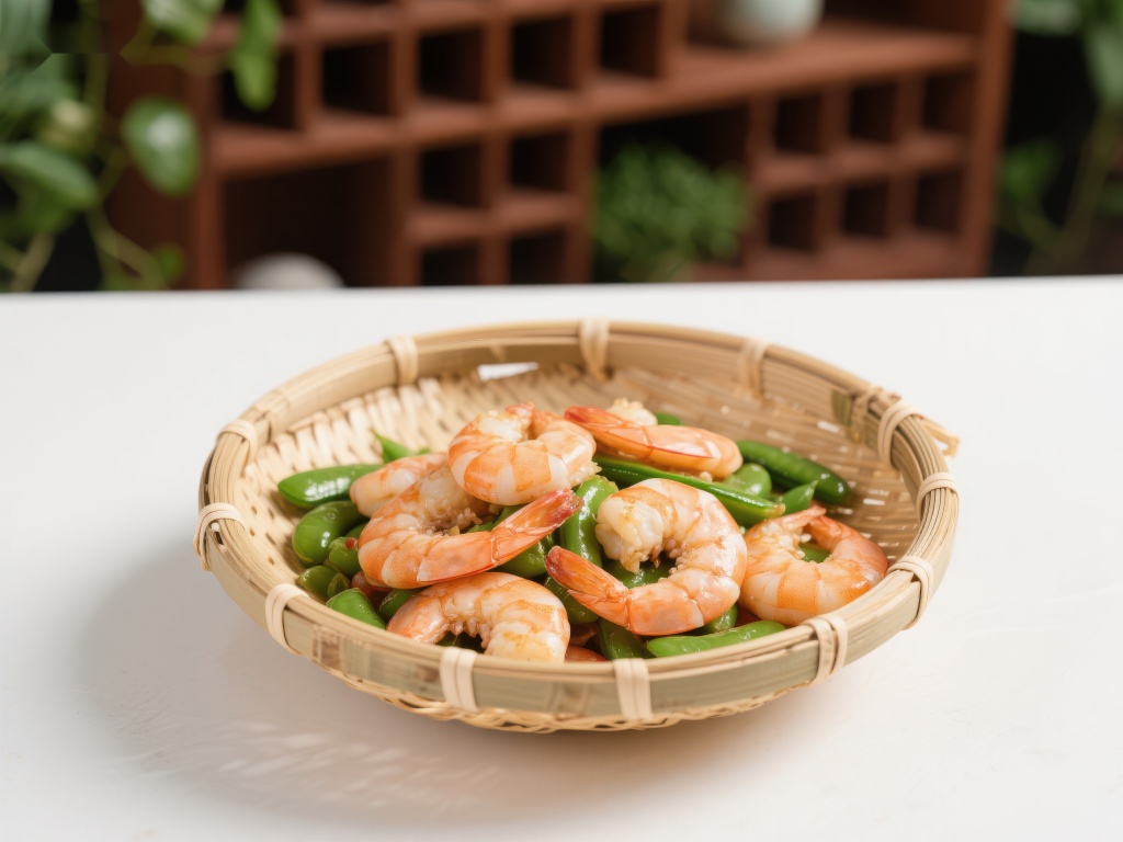 竹篮盛装的虾仁与青豆