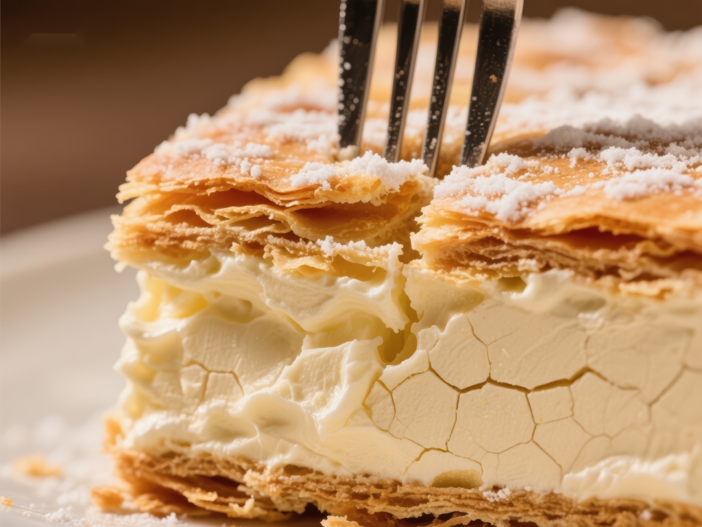 叉子轻挑奶油酥皮蛋糕