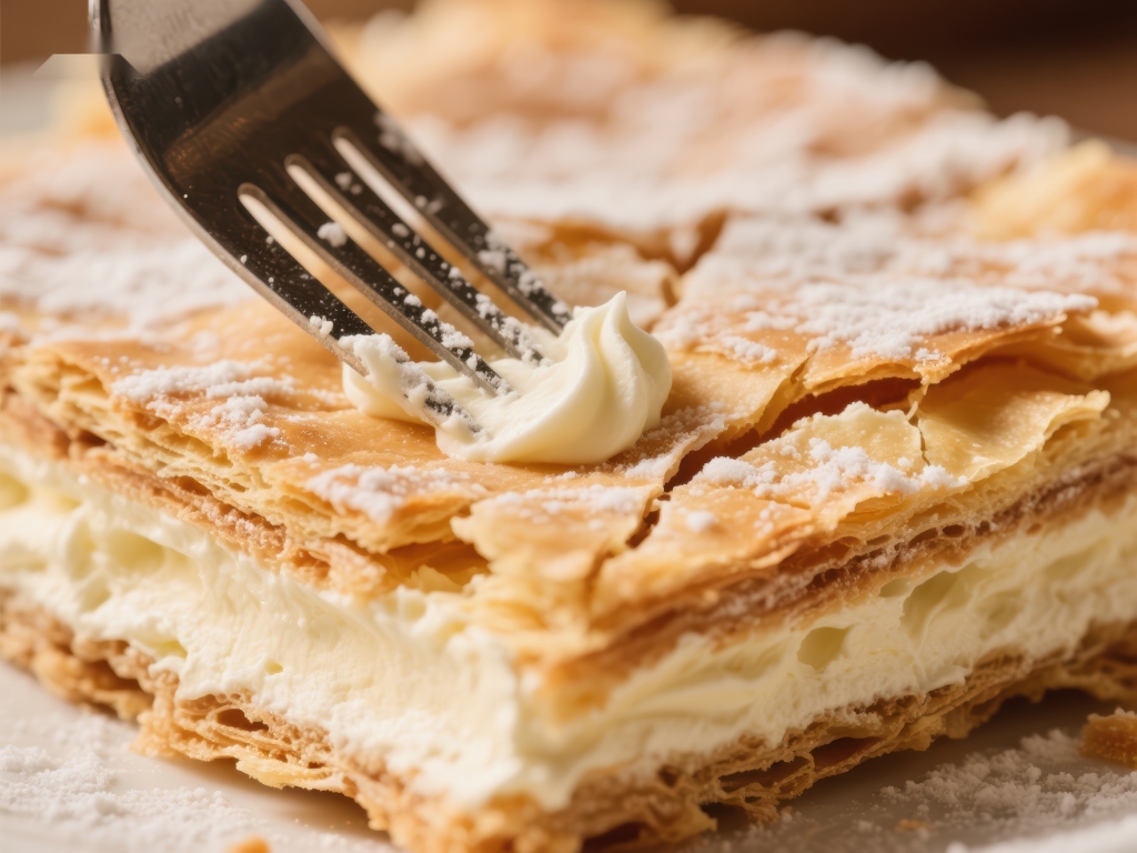 叉子切割奶油千层酥