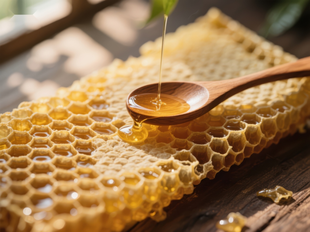 蜂蜜滴落蜂巢木勺盛满甜蜜