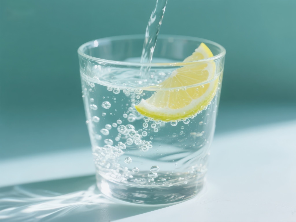 柠檬片点缀的气泡水倒入玻璃杯