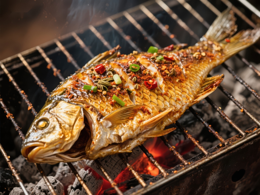 香辣烤鱼在炭火上烧烤