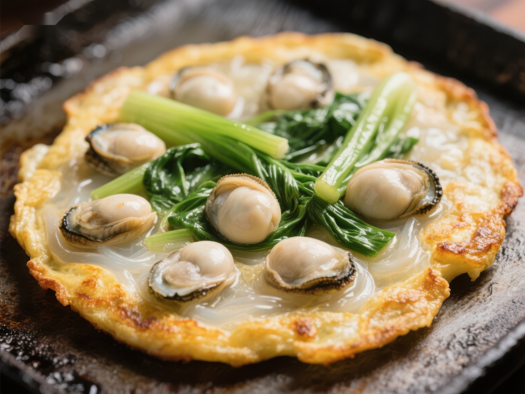 海鲜煎饼配青菜照片