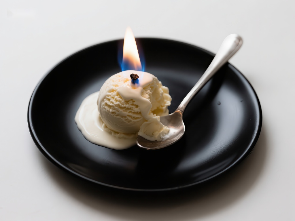 点燃的冰淇淋球置于黑色盘中