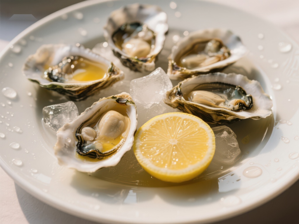 新鲜牡蛎配柠檬冰块