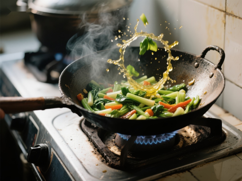 热油翻炒蔬菜的瞬间