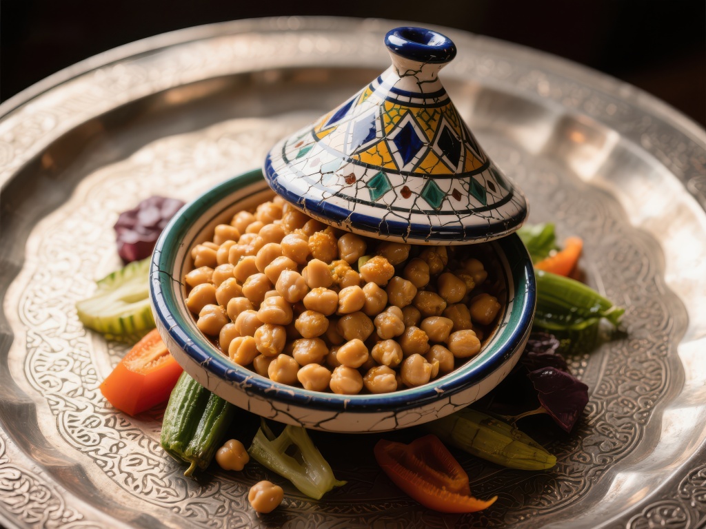 色彩斑斓的塔吉锅配鹰嘴豆和蔬菜