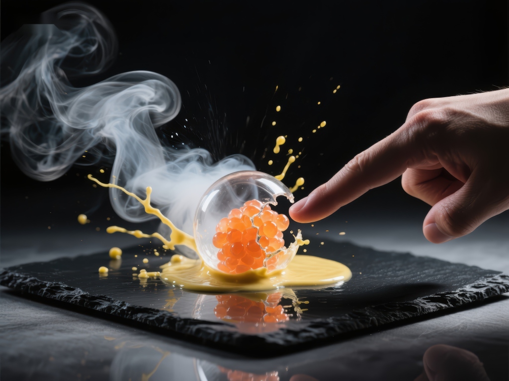 烟雾缭绕手指轻触爆破鱼子酱