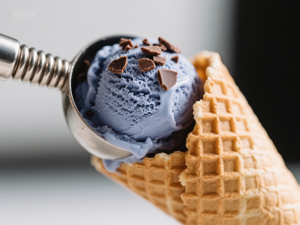 蓝莓冰淇淋球放入华夫糖锥