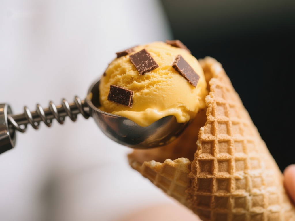 香草冰淇淋球装入蛋筒