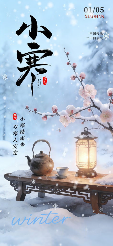 蓝色简约小寒节气海报