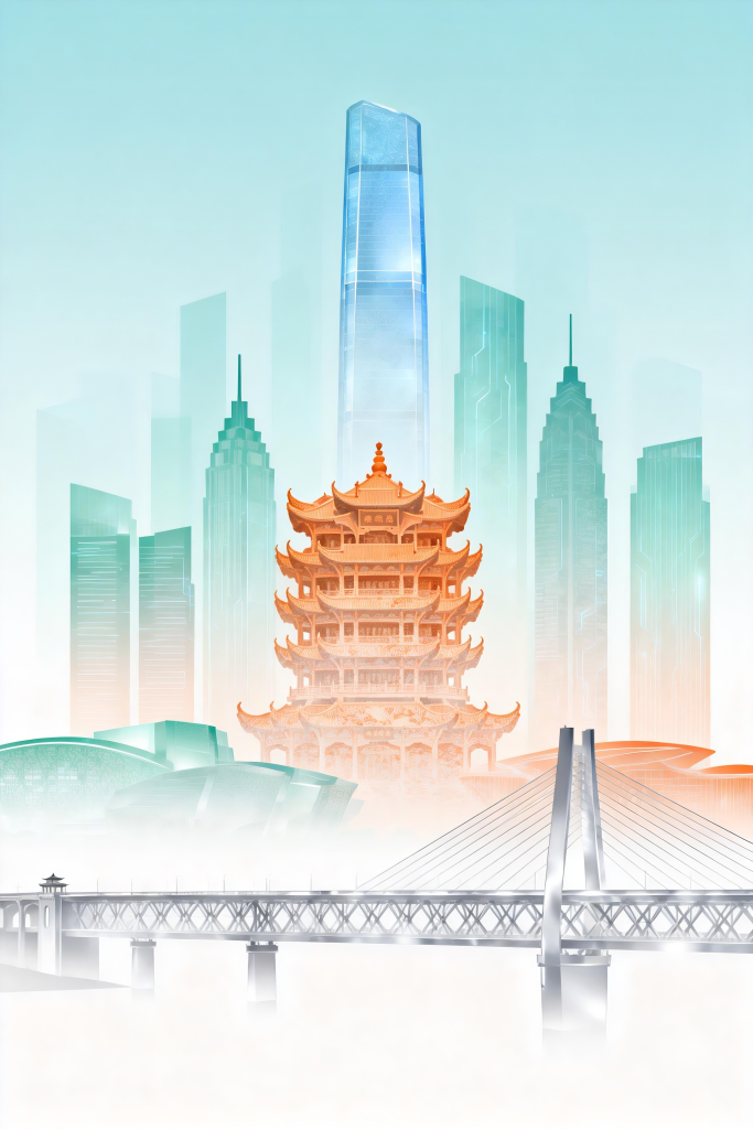 武汉城市地标建筑磨砂玻璃科技感背景插画