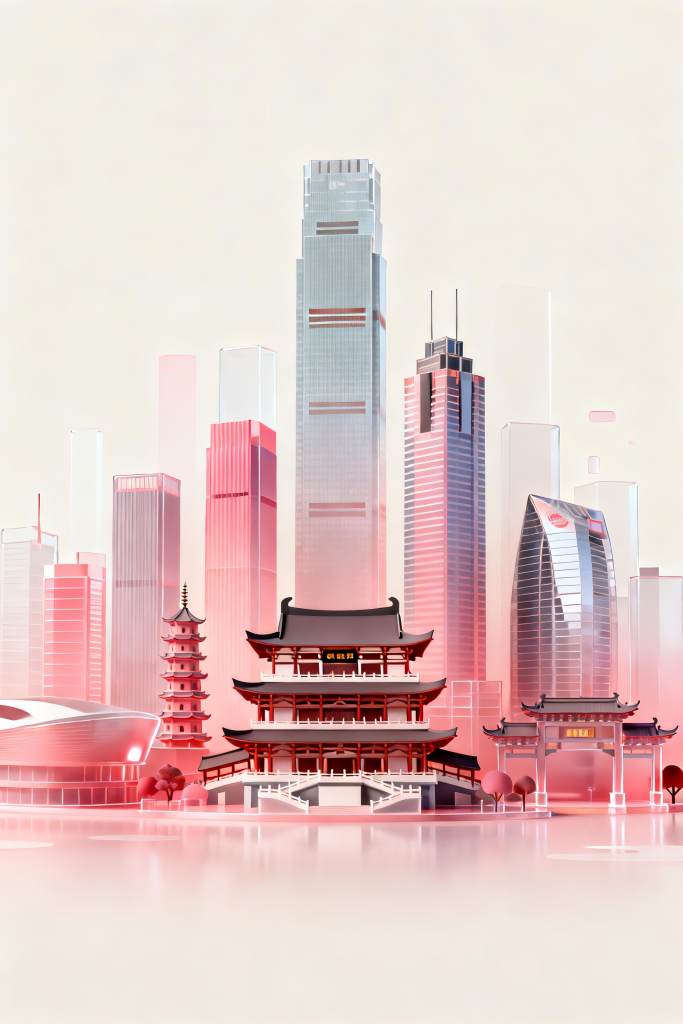 长沙城市地标建筑磨砂玻璃科技感背景插画