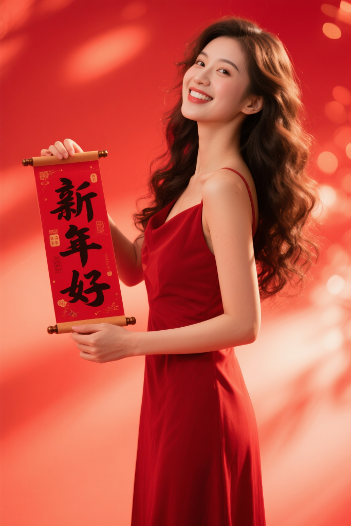 红装年服美女拿春联新年春节祝福人物摄影图