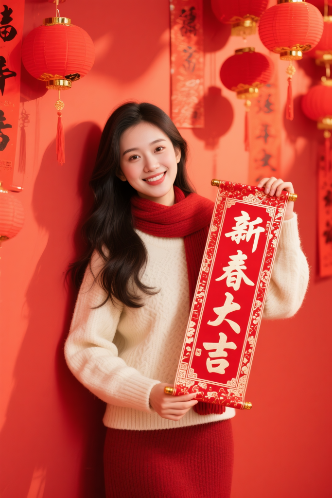 红装年服美女拿春联新年春节祝福人物摄影图