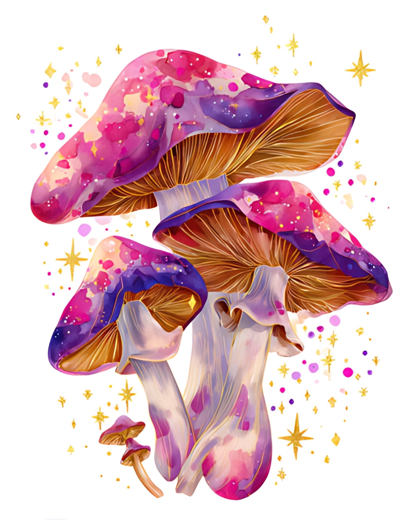 紫粉蘑菇奇幻自然植物插画