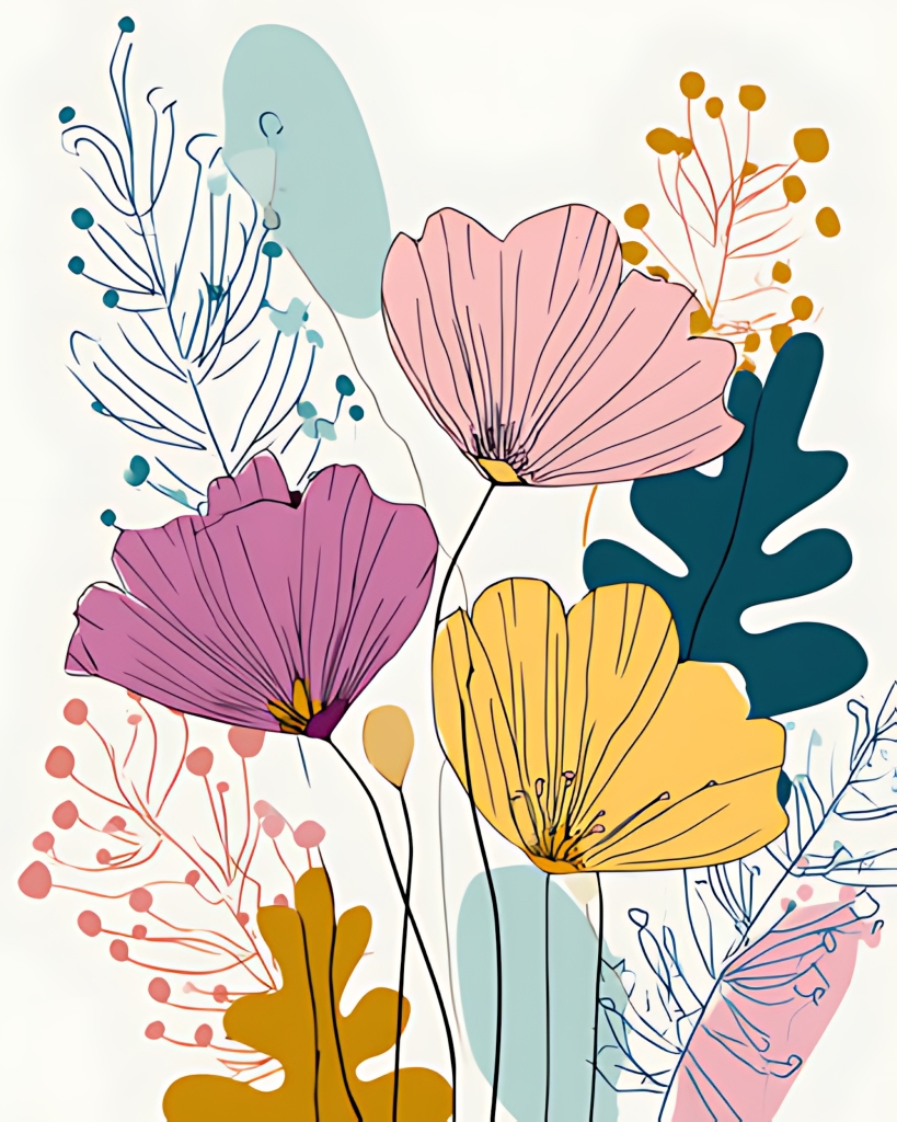 多彩花卉线稿风文艺清新装饰插画