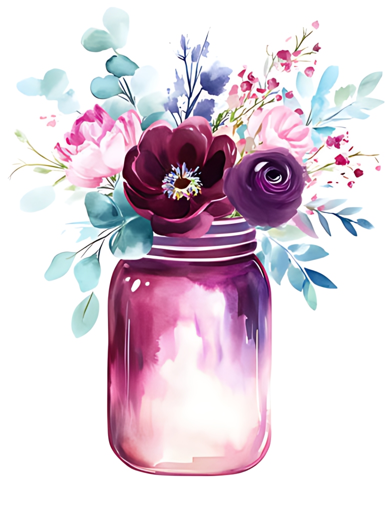 紫玻璃瓶插多彩花束清新花艺插画