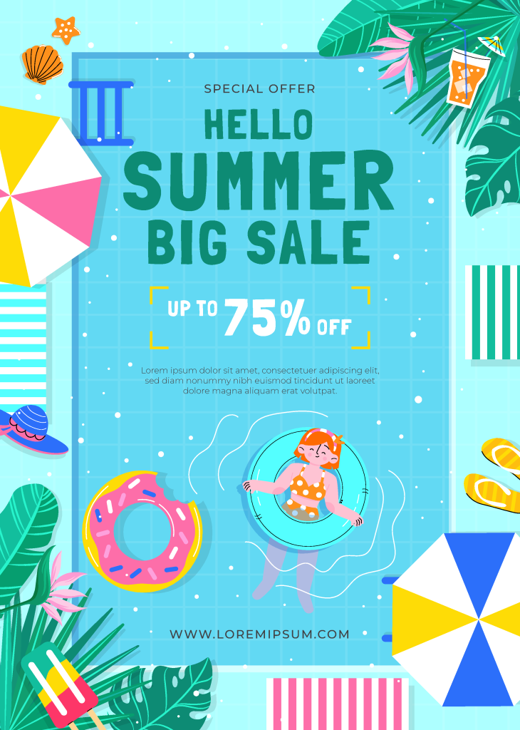 卡通可爱夏日夏季游泳水上乐园派对插画海报