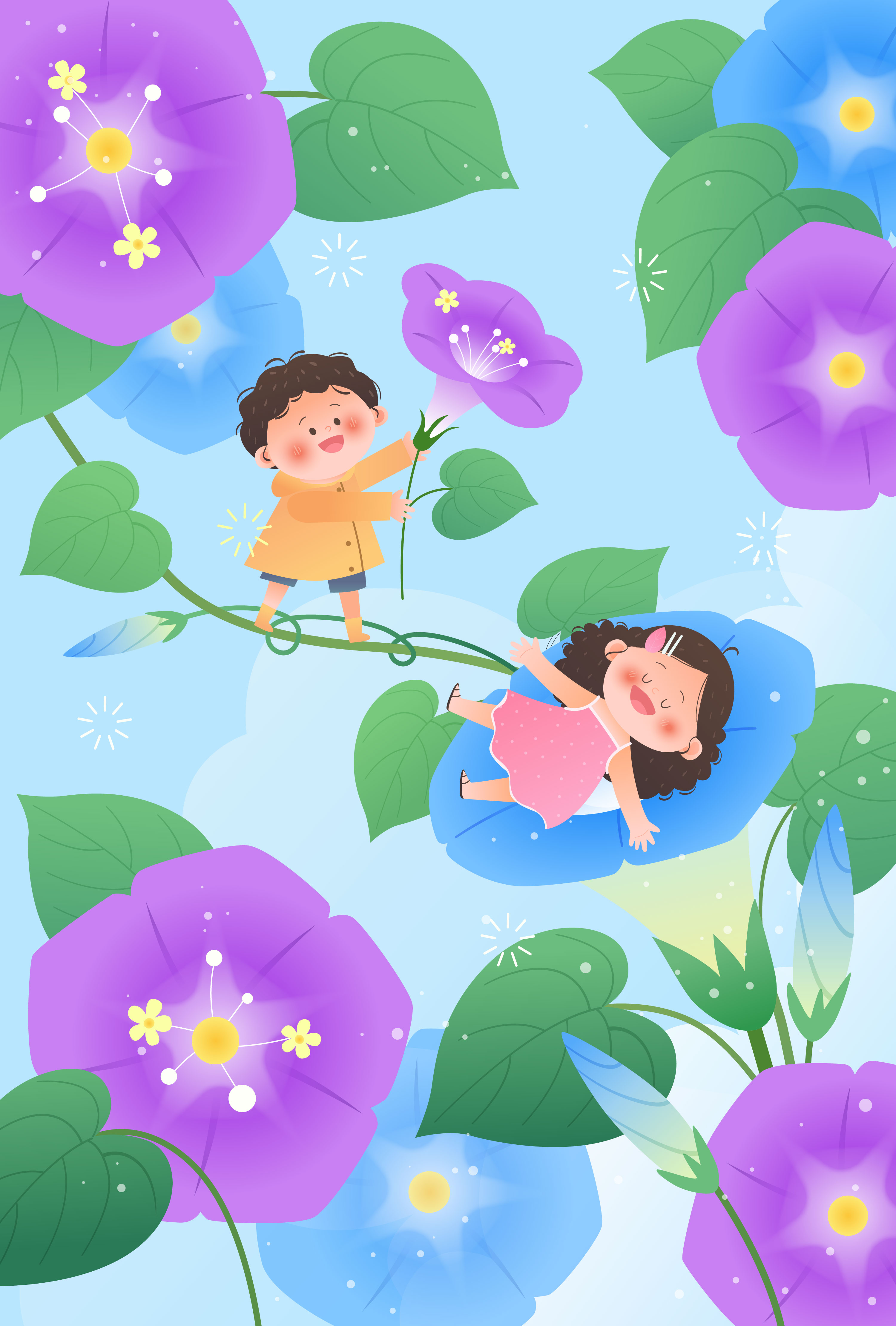 喇叭花牵牛花孩子观察自然儿童插画边框背景