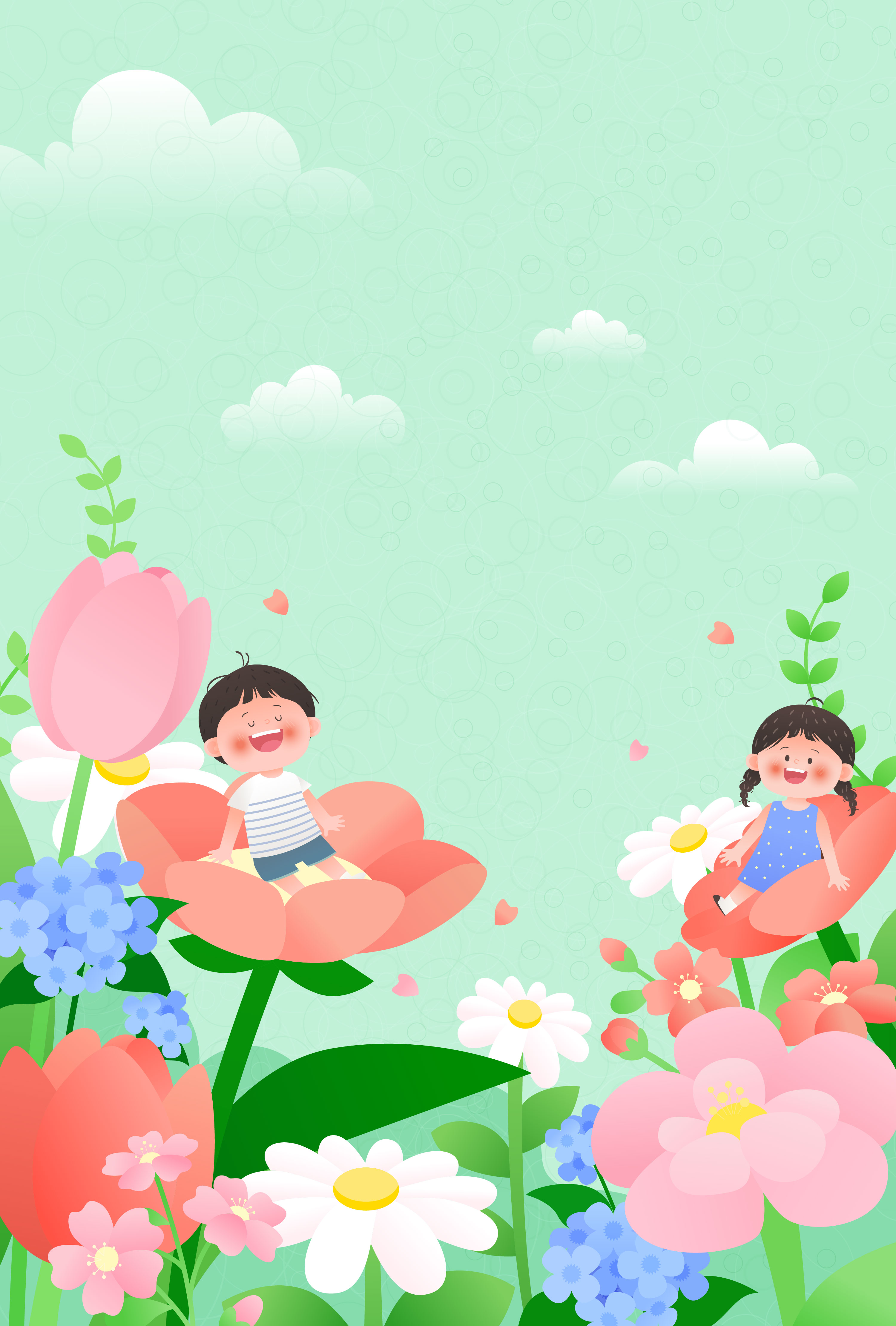 花园郁金香绣球花小雏菊开放儿童插画背景