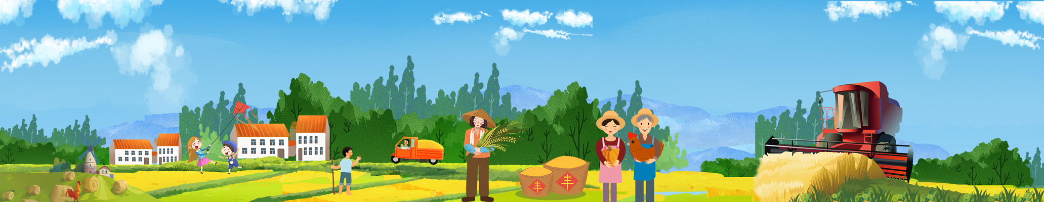 农村乡村乡土风景丰收丰收节墙绘插画展板