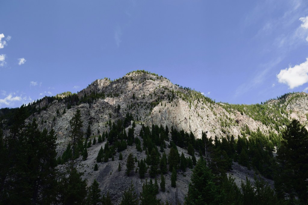 山峰峻岭松树环绕蓝天白云照片