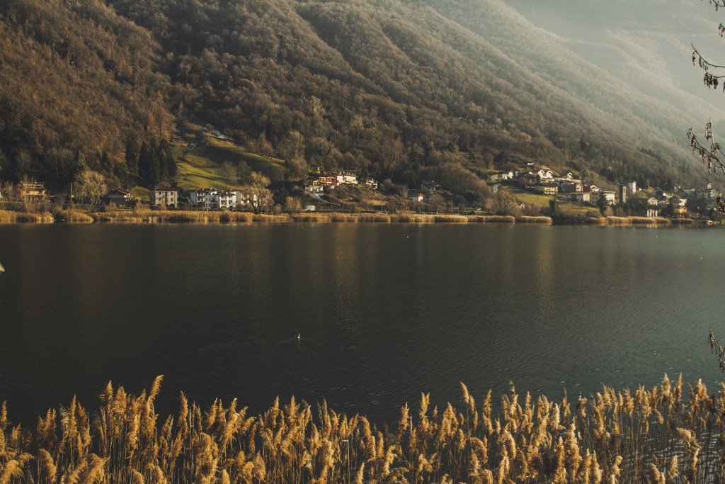 湖畔山林村落秋景图照片