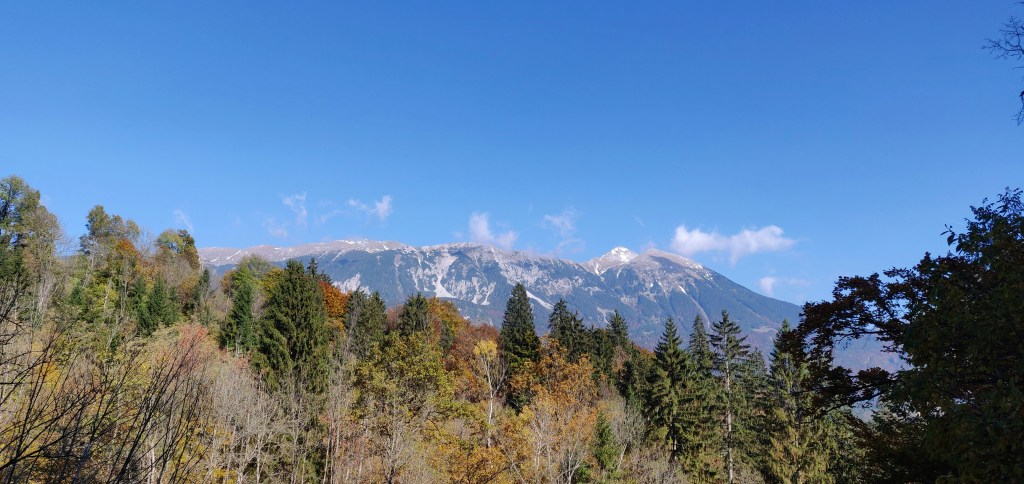 秋日山林雪峰景色照片