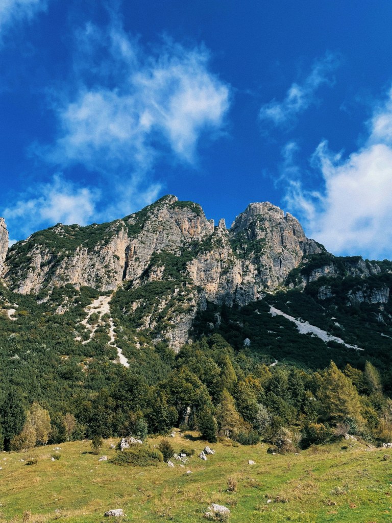 蓝天白云下的山峰与绿植照片