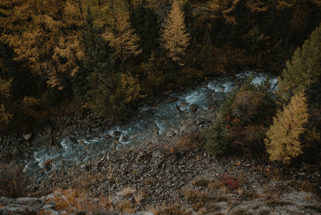 秋日山林溪流俯瞰美景照片
