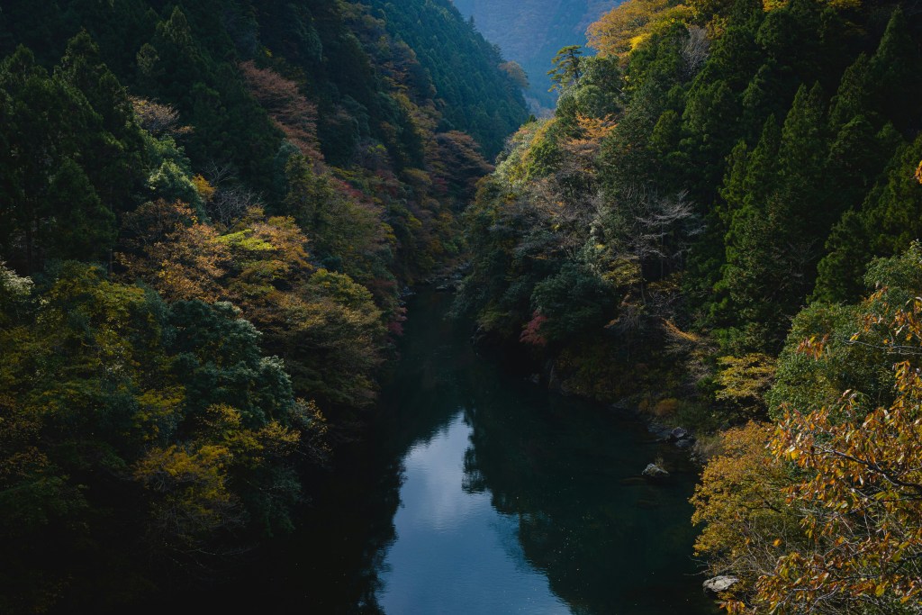 秋日山谷河流静谧风光照片