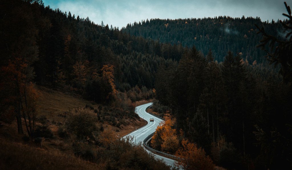 秋日山林公路蜿蜒景色