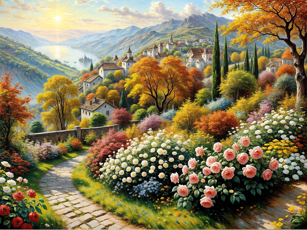 秋日山间小镇花园美景