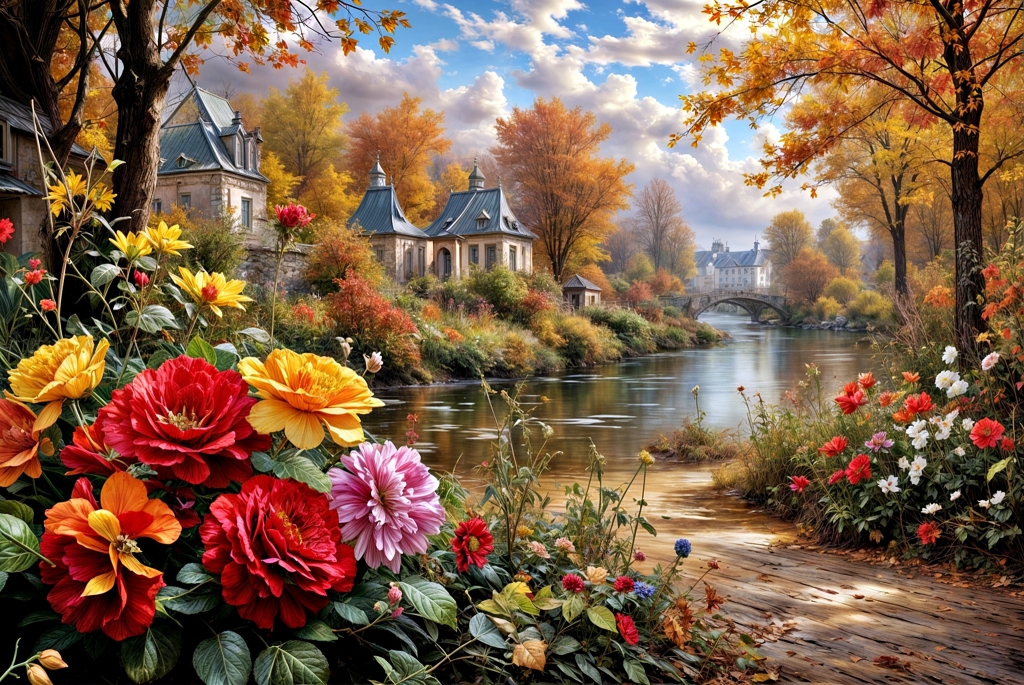 秋日河畔花丛与建筑美景
