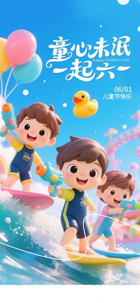 六一儿童节水上乐园可爱卡通海报