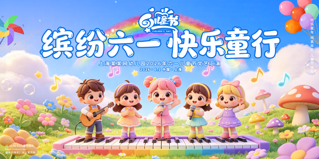六一儿童节幼儿园文艺汇演舞台背景展板海报