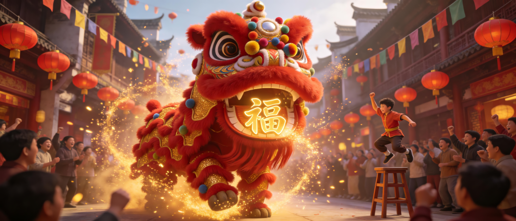 2027羊年舞狮子贺新年插画
